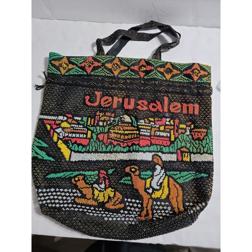 Vintage JERUSALEM Beaded Ornate Drawstring Purse Tote Bag Holy Land Mosque Camel